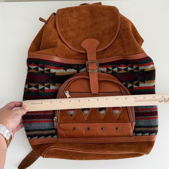 Vintage Suede Leather Woven Backpack Handmade Southwestern Navajo Aztec Tapestry main image 5